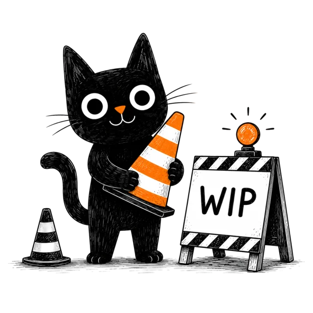 A little black cat setting up a work-in-progress sign with a traffic cone